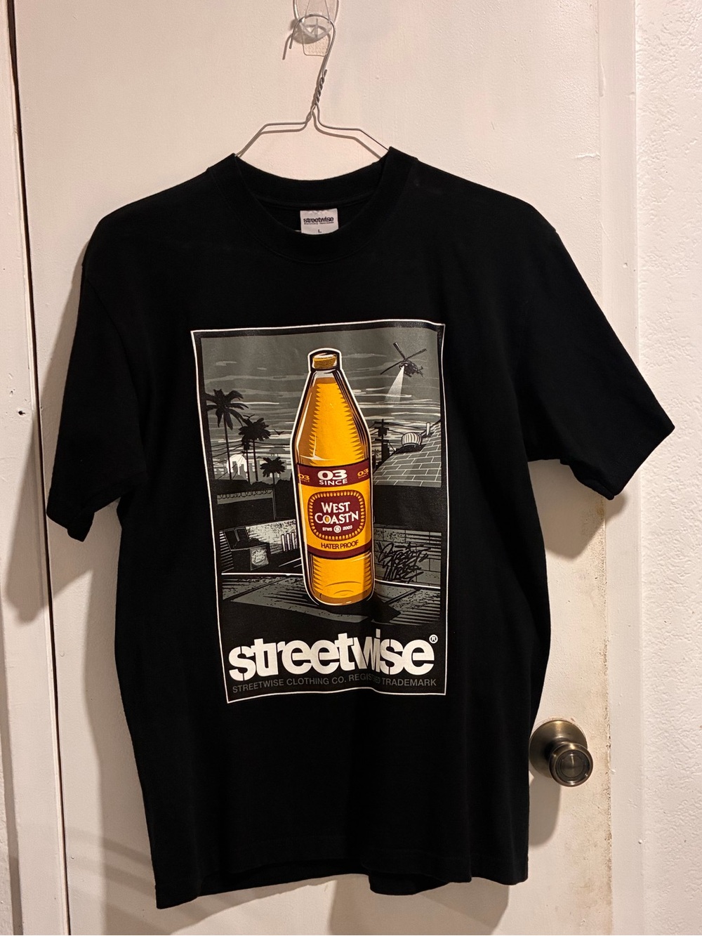 Black Graphic Tee with Yellow Bottle Print